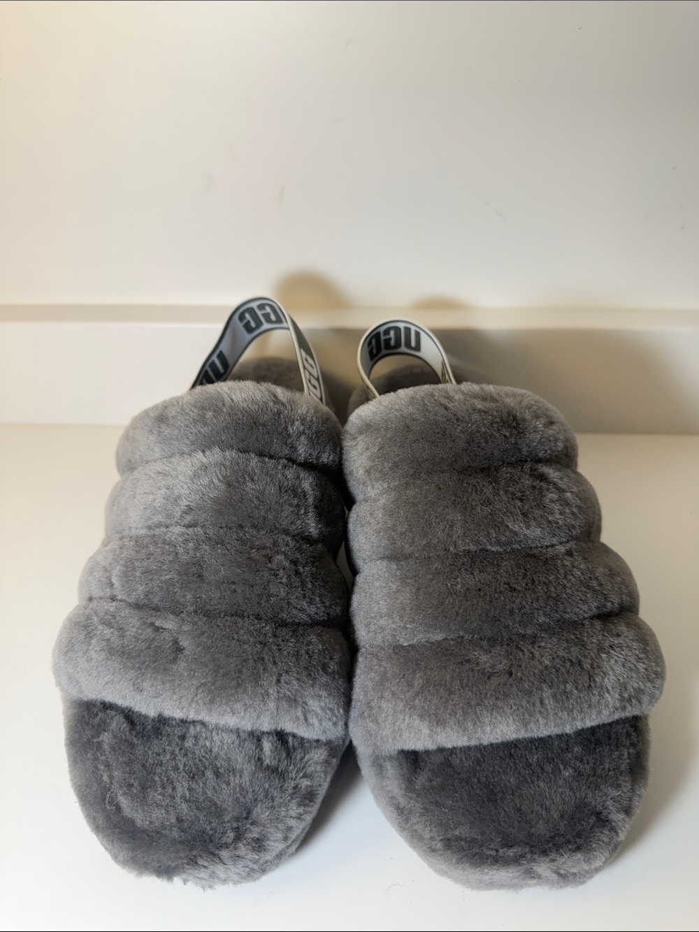New UGG Women's Fluff Yeah Gray Plush Slide Slippers - Size 8
